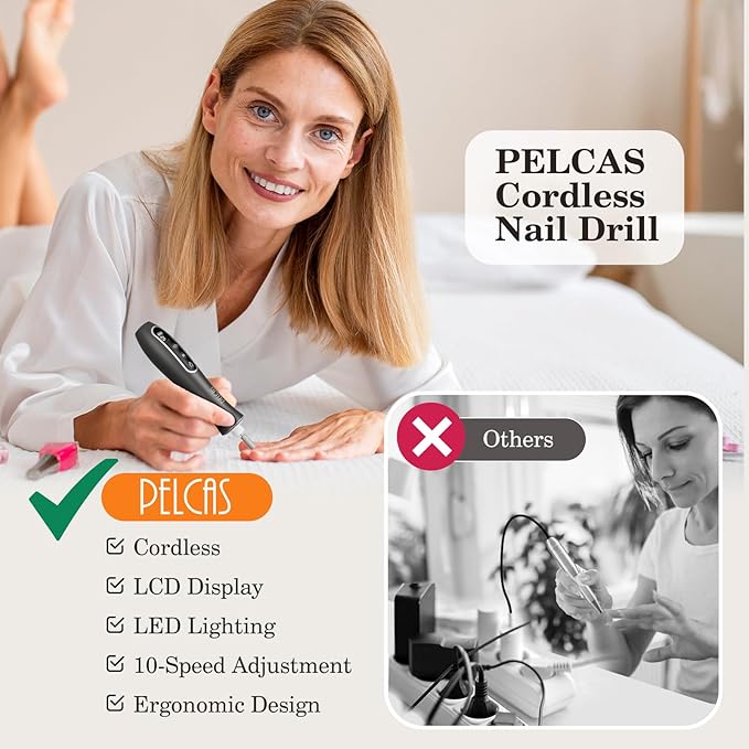 PELCAS Electric Nail Drills, Professional Cordless Nail File Kit with Light, 10 Speeds Manicure &amp; Pedicure Kit for Human, Pet, Thick Toenails, Natural &amp; Acrylic Nails Grey