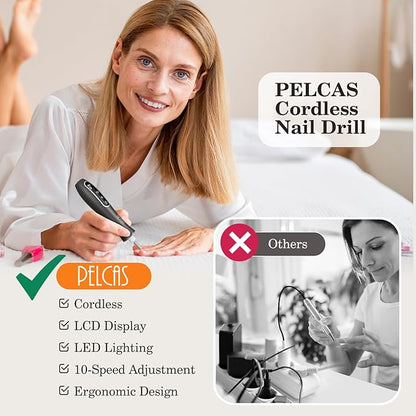 PELCAS Electric Nail Drills, Professional Cordless Nail File Kit with Light, 10 Speeds Manicure &amp; Pedicure Kit for Human, Pet, Thick Toenails, Natural &amp; Acrylic Nails Grey