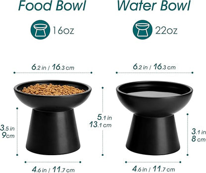 vancasso Ceramic Elevated Cat Bowls 2-Pack - 6.2" Extra Wide Raised Cat Food &amp; Water Dishes, 5.1" Optimal Height Anti-Whisker Fatigue Shallow Bowls for Cats/Kittens/Dogs, Lead &amp; Cadmium Free (Black)