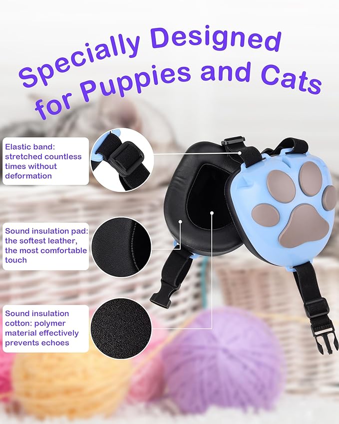 Calming Earmuffs for Cats and Small Dogs - for Anxiety Relief - Noise Canceling for Fireworks, Thunderstorms, Pet Grooming &amp; Force Drying - Dog Ear Muffs Noise Protection (Blue, Small)