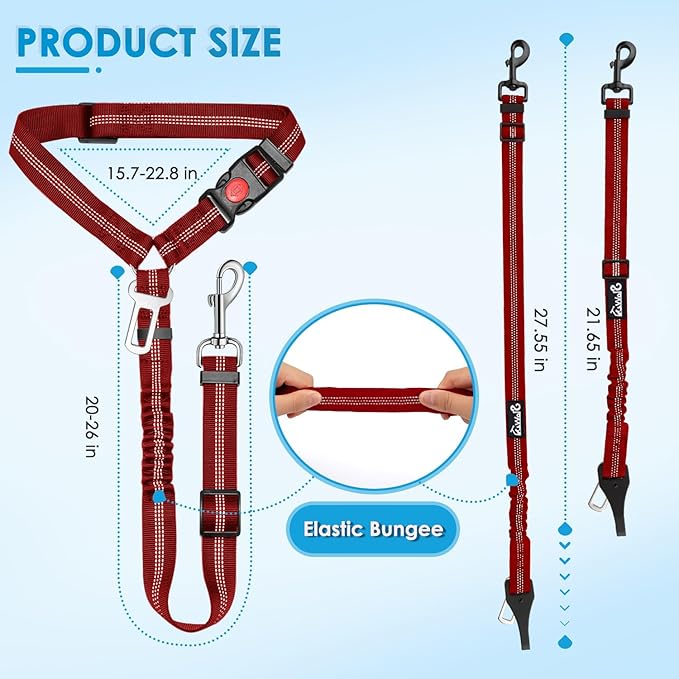 Lukovee Dog Seatbelt Leash for Cars, 2 Pack Pet Safety Seat Belt with Adjustable Buckle &amp; Reflective Bungee, Connect Dog Harness in Vehicle Dogs Restraint Travel Daily Use (Red)
