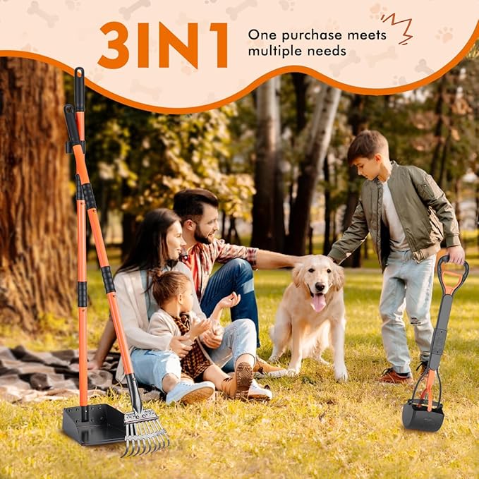 28" Pooper Scooper and 38" Heavy Duty Stainless Steel Rake &amp; Tray Set, 3 in 1 Portable Dog Pooper Scooper Set for Large Medium Small Dogs in Grass, Dirt or Gravel