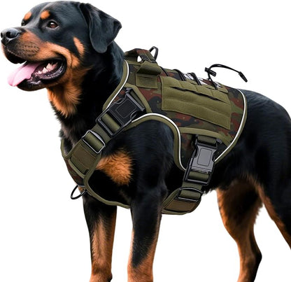 Heavy-Duty Tactical Dog Harness for Large Dogs, No Pull Adjustable Reflective Pet Vest with Molle System, K9 Military-Grade Control for Service Training, Outdoor &amp; 10+ Breeds, Green Camo, XX-Large