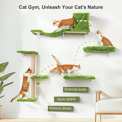 FUKUMARU Cat Wall Shelves, Stable &amp; Safe 4 in 1 Cat Furniture Set, Wooden Climbing Wall with Scratching Post, Bridge and Bed, Stylish Jungle Gym for 16 Inch Drywall - Green