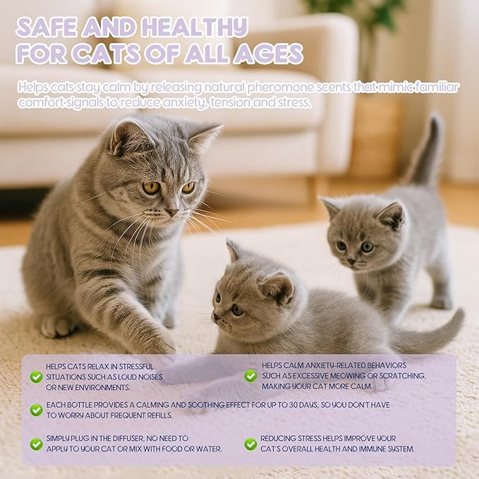 80S Cat Calming Diffuser Kit – Cat Pheromones Calming Liquid, Cat Pheromones Diffuser, 30 Days Continuous Stress &amp; Anxiety Relief, Perfect for Multi-Cat Households, Fits All Common Diffuser Plug in