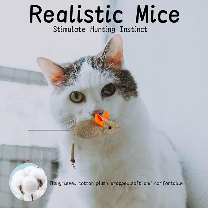 Cat Toys for Indoor Cats, 3Pcs Large 8.9" Plush Mouse Kitten Toys with Bell Tail Sound, Organic Catnip with Silvervine, Individually Packaged Dental Chew Matatabi for Exercise &amp; Oral Health