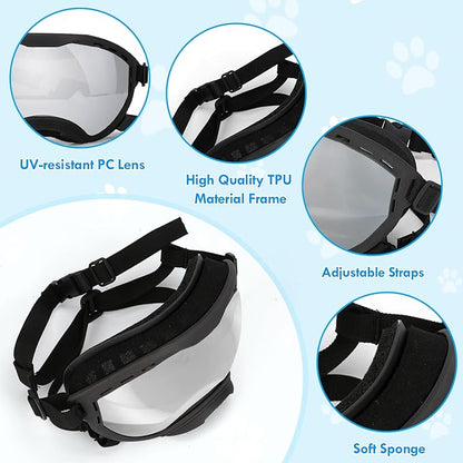 Dog Goggles for Large Dogs, UV Wind Dust Fog Protection, Soft Frame Adjustable Dog Sunglasses, Summer Driving &amp; Winter Snow Eyewear, Tactical Pet Glasses with Elastic Strap (Black)
