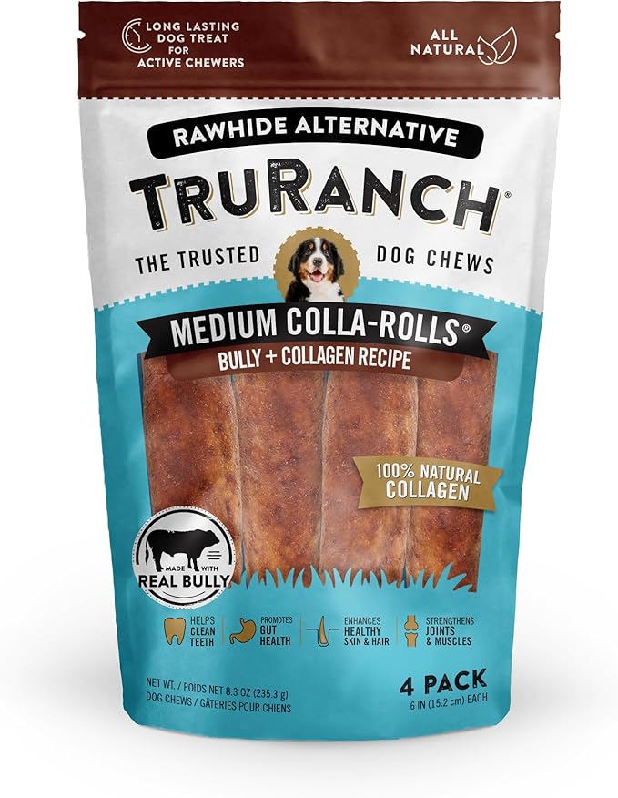 Collagen Rolls - 6" Collagen Rolls for Dogs - Long Lasting Healthy Joint Support Dog Treat - Rawhide Alternative - Skin &amp; Coat Health - Made with Real Bully, 1 Bag, 4 Count