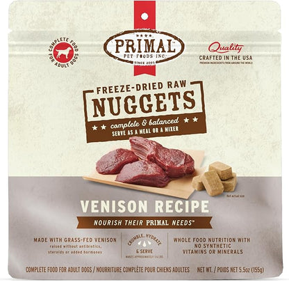 Primal Freeze Dried Raw Dog Food Nuggets, Venison, Complete &amp; Balanced Meal, Also Use as Topper or Treat, Premium, Healthy, Grain Free, High Protein Raw Dog Food, 5.5 oz
