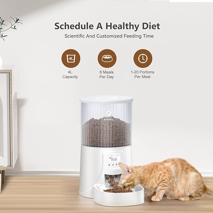 Automatic Cat Feeder: 4L Timed Cats Food Dispenser Programmable 1-6 Meal for Cat and Small Medium Dog- Auto Pet Feeder Dual Power Supply with Desiccant Bag&amp; | Easy to Clean White