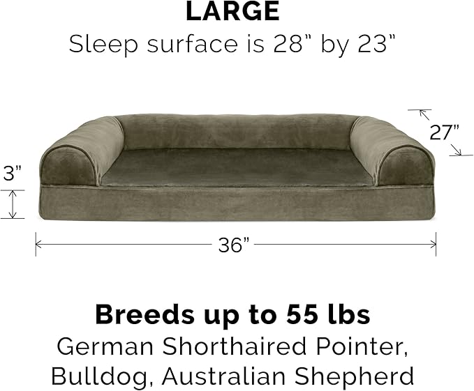 Furhaven Cooling Gel Dog Bed for Large/Medium Dogs w/ Removable Bolsters &amp; Washable Cover, For Dogs Up to 55 lbs - Faux Fur &amp; Velvet Sofa - Dark Sage, Large
