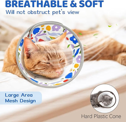 Breathable Air Mesh Cat Cone Collar Soft to Stop Licking, Adjustable, Foldable Lightweight Kitten Cones After Surgery Recovery for Cats &amp; Kittens (Flower,L)