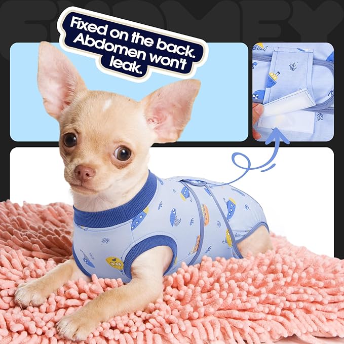 FUAMEY Recovery Suit for Dogs After Surgery,Soft Breathable Dog Bodysuit E-Collar &amp; Cone Alternative Surgical Suit,Male Female Dog Neuter Spay Suits Anti Licking Wounds Onesie Blue Boat XS