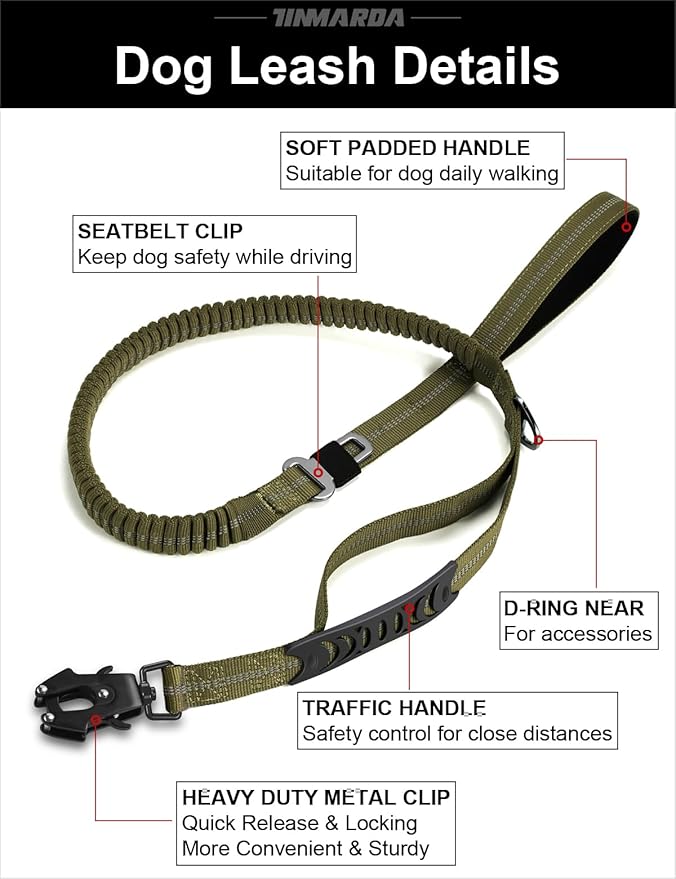 Heavy Duty Dog Leash with 2 Padded Handles &amp; Advanced Easy Metal Clip, 4-6FT Shock Absorbing No Pull Dog Leashes for Medium Large Dogs That Pull (Army Green)