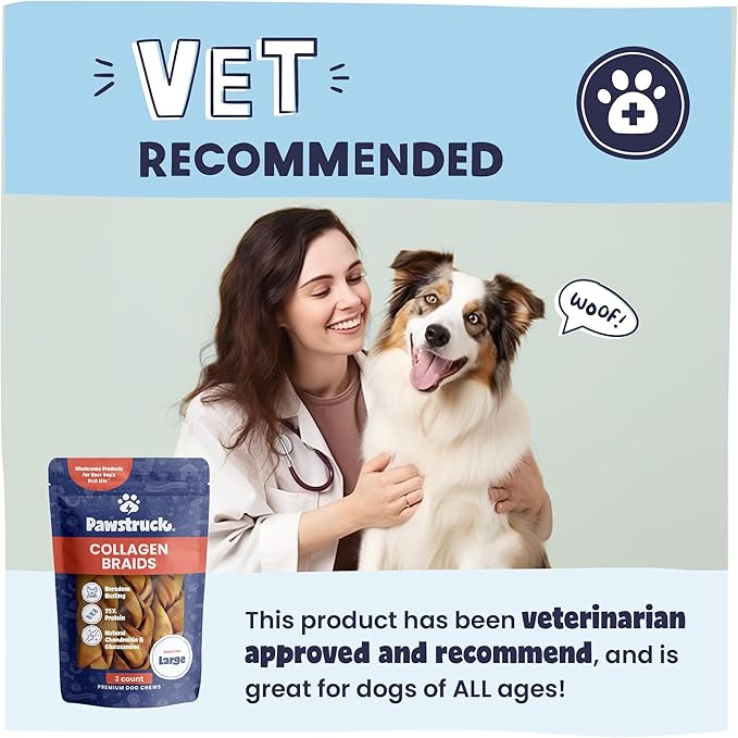 Pawstruck Natural Large 10-13” Beef Collagen Braids for Dogs – Long-Lasting Rawhide &amp; Bully Stick Alternative, with Chondroitin &amp; Glucosamine – 3 Pack