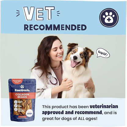 Pawstruck Natural Large 10-13” Beef Collagen Braids for Dogs – Long-Lasting Rawhide &amp; Bully Stick Alternative, with Chondroitin &amp; Glucosamine – 3 Pack