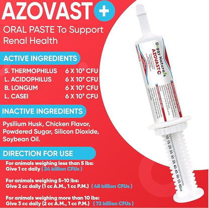 Azovast Plus Kidney Health Supplement for Dogs &amp; Cats, Oral Paste (60 cc) - NO Refrigeration Required - Help Support Kidney Function &amp; Manage Renal Toxins Chicken Flavor (Made in U.S.A(60cc)