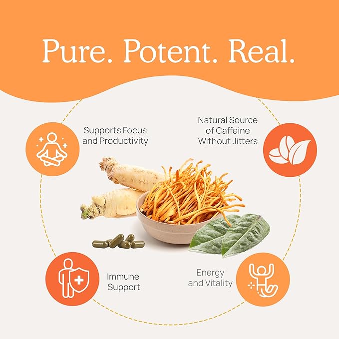 Real Mushrooms RealBoost Capsules – Cordyceps Mushroom, Panax Ginseng &amp; Guayusa Extract – for Overall Wellness &amp; Energy Support – Vegan, Non-GMO, No Fillers – 60 Count Mushroom Supplement Blend