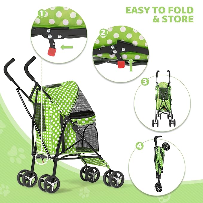 Magshion Compact Pet Stroller for Small-Medium Dogs/Cats up to 22lbs, 4-Wheel Lightweight Umbrella Shaped Portable Puppy Travel Jogger with Breathable Mesh &amp; Rear Storage, Lawn Green Polka Dots