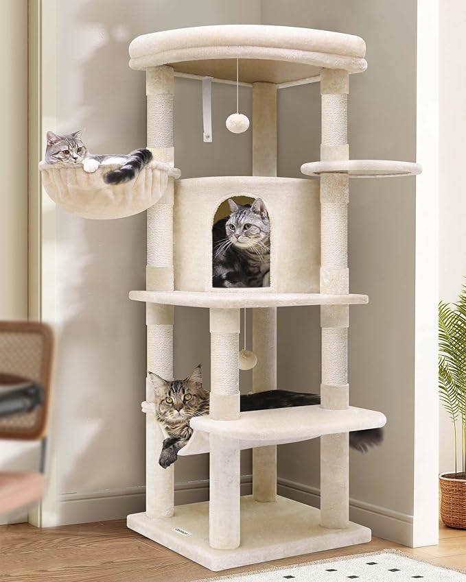 Globlazer Corner Cat Tree, 51in Curved Series Modern Cat Tower for Indoor Cats with Hammock, 7 Sisal Scratching Posts, Large Fan-Shaped Platform for Large Cats, Cat Condo &amp; Hanging Basket, C51, Beige