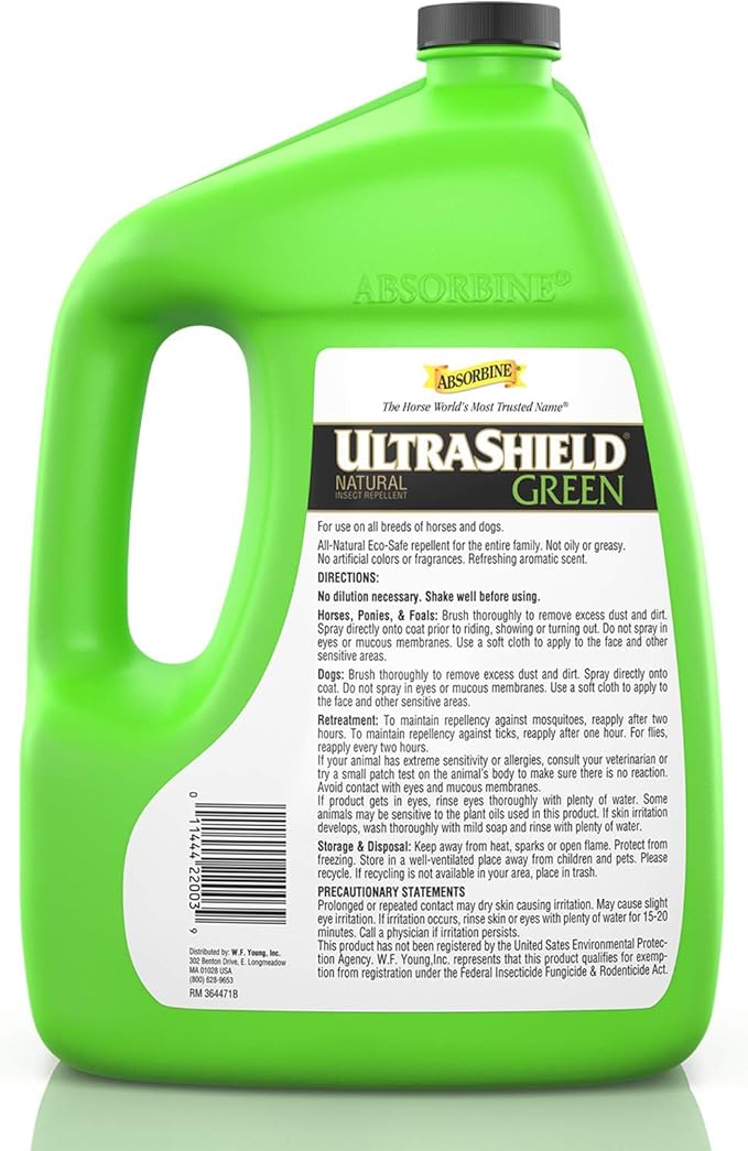 Absorbine UltraShield Green All-Natural Fly &amp; Insect Repellent for Horses &amp; Dogs, Essential Oils Repel &amp; Control, 128oz Bottle, No Sprayer