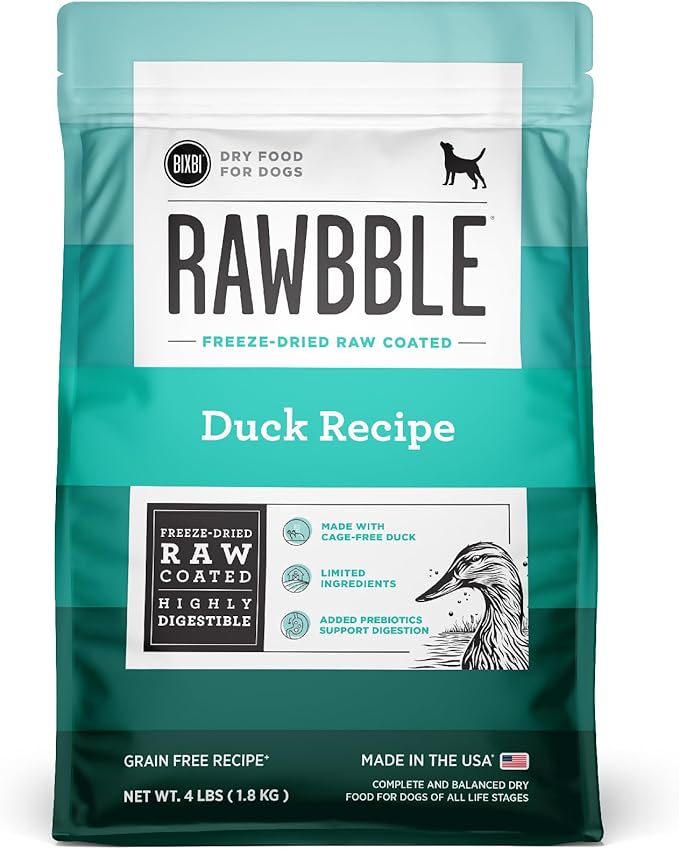 BIXBI Rawbble Dry Dog Food, Duck, 4 lbs - USA Made with Fresh Meat - No Meat Meal &amp; No Corn, Soy or Wheat - Freeze Dried Raw Coated Dog Food - Minimally Processed for Superior Digestibility