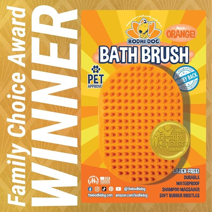 Bodhi Dog Shampoo Brush - Pet Grooming &amp; Bath Supplies for Dogs and Cats - Bath Brush for Long &amp; Short Hair - Premium Scrubber for Shower, Bathing &amp; Massage (One Pack, Orange)