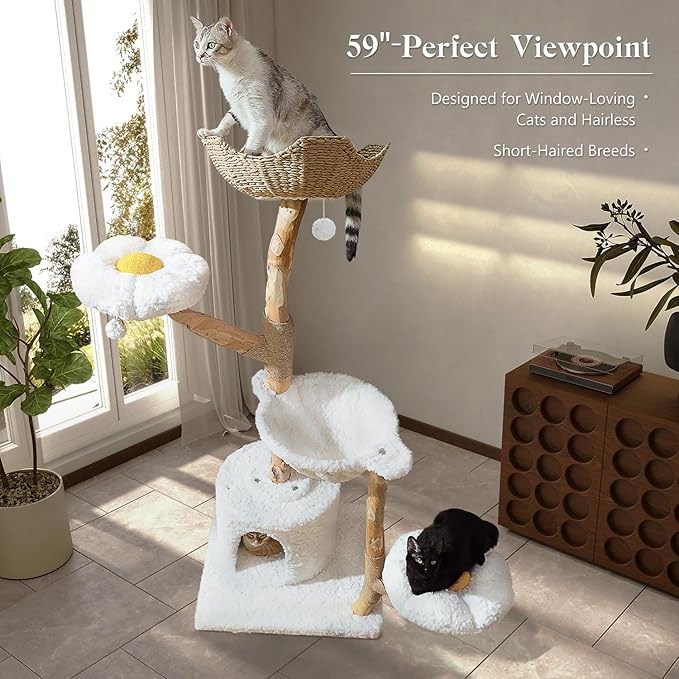59" Modern Cat Tree Tower for Large Cats w/2 Flower Perches-Natural Solid Wood Scratching Post with Real Branch-Luxury Boho Cat Furniture w/Condo &amp; Wicker Basket Bed, Cloud White