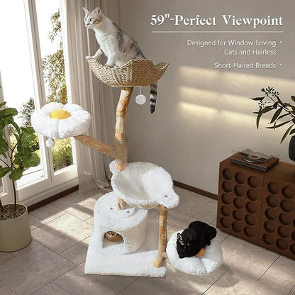 59" Modern Cat Tree Tower for Large Cats w/2 Flower Perches-Natural Solid Wood Scratching Post with Real Branch-Luxury Boho Cat Furniture w/Condo &amp; Wicker Basket Bed, Cloud White