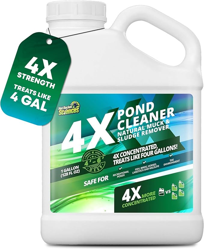 1 Gallon 4X Pond Cleaner - Treats Like 4 Gallons &amp; Covers 4 Acres - Pond Cleaner for Outdoor Ponds, Pond Muck and Sludge Remover for a Clean, Natural Look, Ideal Pond Clarifier for Outdoor Ponds