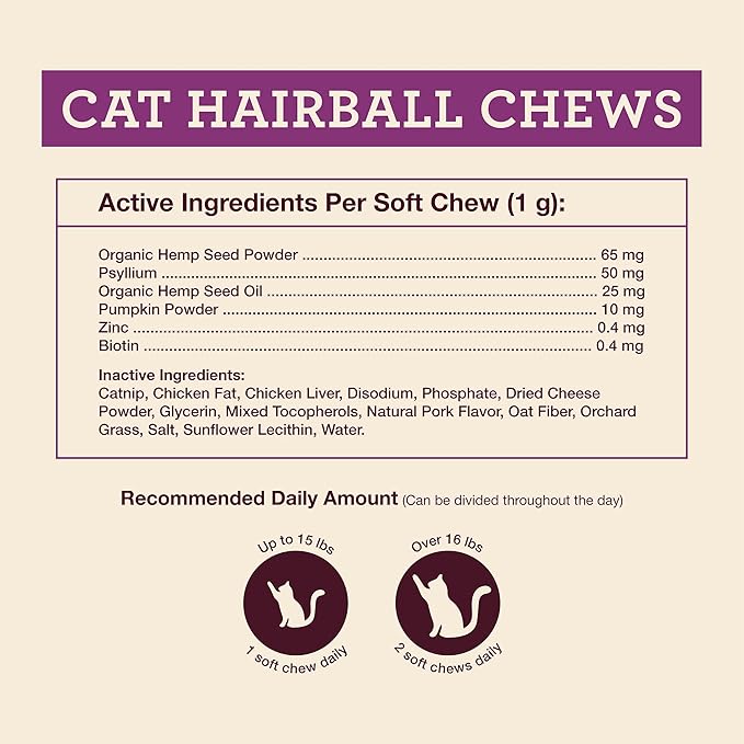 Hemp Well Cat Hairball Soft Chews for Cats, Organic USA Grown, Chicken Cheese &amp; Catnip Flavor!