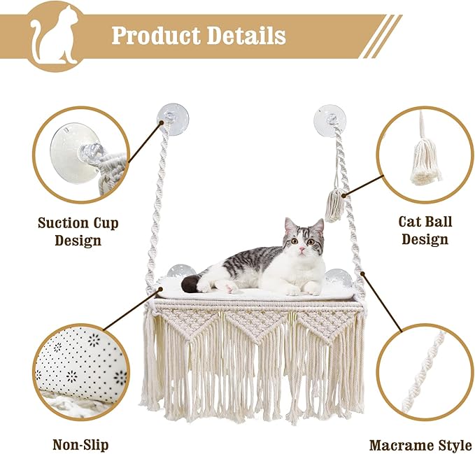 Cat Window Perch Macrame Cat Hammock Boho Wall Mounted Pet Resting Seat Bed for Sunbathing, Napping &amp; Overlooking with 4 Seat Suction Cups &amp; Fleece Blanket &amp; Knitted Ball Toy - Weighted up to 35lbs.