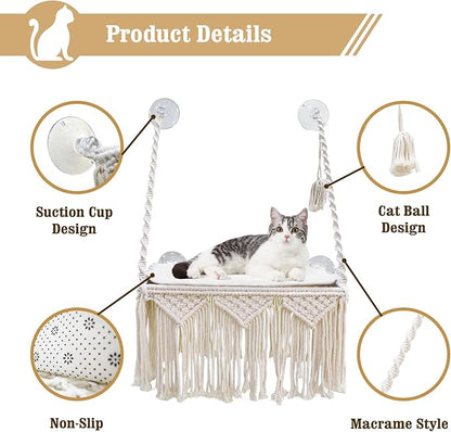 Cat Window Perch Macrame Cat Hammock Boho Wall Mounted Pet Resting Seat Bed for Sunbathing, Napping &amp; Overlooking with 4 Seat Suction Cups &amp; Fleece Blanket &amp; Knitted Ball Toy - Weighted up to 35lbs.