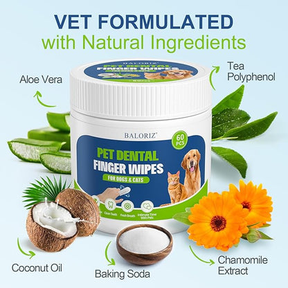 Dog Dental Care Finger Wipes, 60 PCS Teeth Cleaning Wipes for Dogs &amp; Cats, Tooth Brushing Kit Dental Wipes Reduces Plaque &amp; Freshens Breath, Disposable Gentle Cleaning &amp; Gum Care Pet Wipe