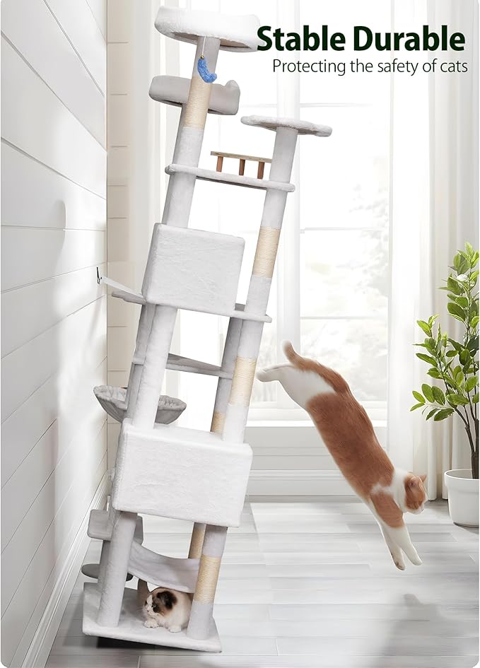 85in Tall Cat Tower for Heavy Duty Big Cats, Large Cat Tree with Scratching Post, Plush Perches, Cozy Cat Condos &amp; Hanging Hammocks for Maine Coon, White