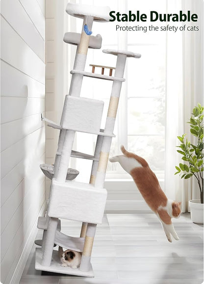 85in Tall Cat Tower for Heavy Duty Big Cats, Large Cat Tree with Scratching Post, Plush Perches, Cozy Cat Condos &amp; Hanging Hammocks for Maine Coon, White