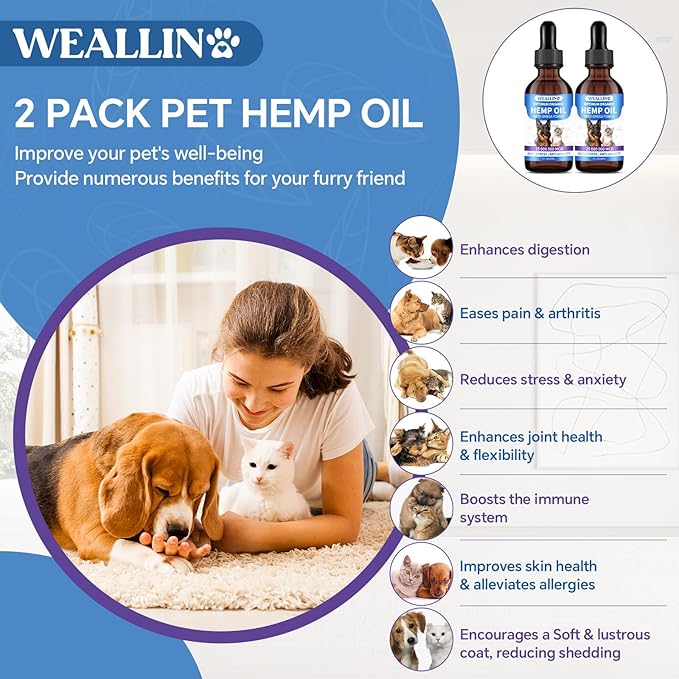 Hemp Seed Oil for Dogs and Cats - Omega-3, 6, 9 Rich Organic Extract - Eases Pet Anxiety, Pain, Skin &amp; Coat Health - Stress Relief, Hip &amp; Joint Support - Calming Treats (2 Pack)