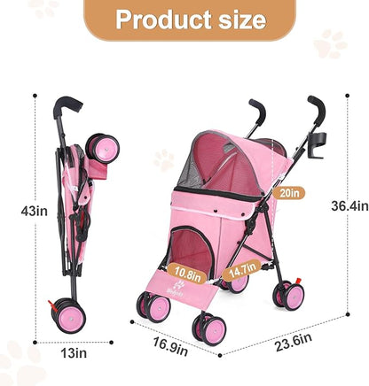 Umbrella Dog Stroller, 4 Wheels Pet Strolling, Foldable Carrier Pet Stroller for Small Dogs Cats, with Carrying Strap and Cup Holder, Dog Poop Bags &amp; Dispenser, Up to 33 lbs, Pink