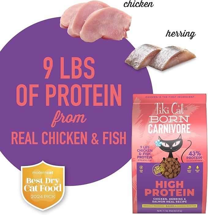 Tiki Cat Born Carnivore High Protein Dry Cat Food, Chicken, Herring &amp; Salmon Meal, 11.1 lbs. Bag