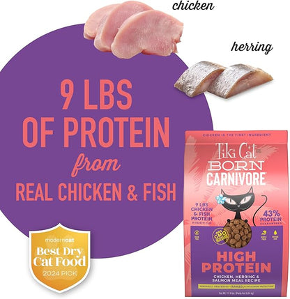 Tiki Cat Born Carnivore High Protein Dry Cat Food, Chicken, Herring &amp; Salmon Meal, 11.1 lbs. Bag