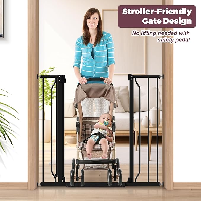34" Extra Tall Baby Gate for Stairs, Auto Close Stroller Friendly Dog Gate Indoor for Doorways, Pressure Mounted 29"-40" W Baby Gate, Easy Walk Through Gate for Children &amp; Pets, Black