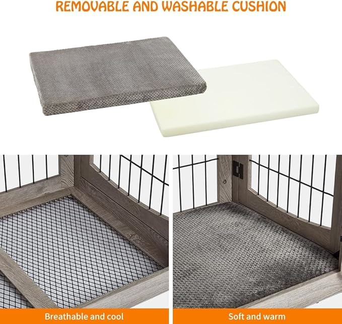 Dog Crate Furniture for Large Dogs, Wooden Dog Kennel Indoor with Double Doors, Dog Cage with Cushion &amp; Drawers, Dog House Side End Table for Large Medium Dogs up to 70 lb, 39.4” L, Grey