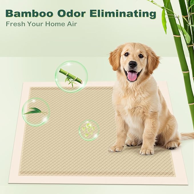 MIZOK Puppy Pads Small 22x22 Pee Pads for Dogs Bamboo Odor Eliminating &amp; 6-Layer Absorbent Leak-Proof Dog Pee Pads Potty Training with Adhesive Tabs, Disposable (100 Counts)