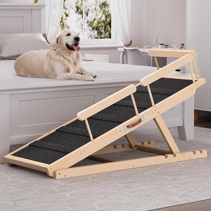 Dog Ramp for High Bed, Couch, Car, Pet Ramps 55.12" Long Adjustable 19.7"-27.6" Wooden Dog Step with High Traction Mat &amp; Safety Side Rails for Small Medium Large Older Pets, up to 250 lbs