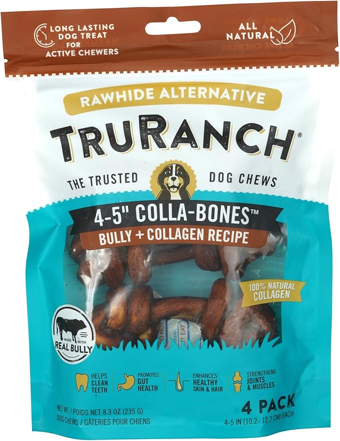 4-5" Collagen Bones, Bully - Collagen Dog Bones - Long Lasting Healthy Joint Support Dog Treat - Rawhide Alternative - Skin &amp; Coat Health, 1 Bag, 4 Count