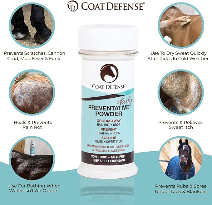 Coat Defense Daily Preventative Powder for Horses - Safe &amp; Effective Equine Sweet Itch, Skin Funk, Scratches, &amp; Rain Rot Treatment - Dry Shampoo for Horses, 8 oz Formula with All Natural Ingredients