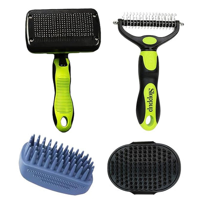 Dog Brush Kit for Grooming Short &amp; Long Haired Dogs &amp; Cats, 4-in-1 Pet Grooming Set with Self-Cleaning Slicker Brush, Deshedding Tool, Shampoo Bath Comb, Massge Comb (Green Black)