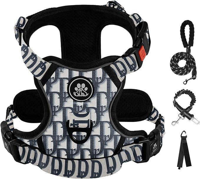 IVY&amp;LANE No Pull Dog Harness with Leash Set, Reflective No Choke Pet Vest,Adjustable Oxford Dog Vest Harness with Easy Control Handle for Large Dogs (Vintage Blue,L)