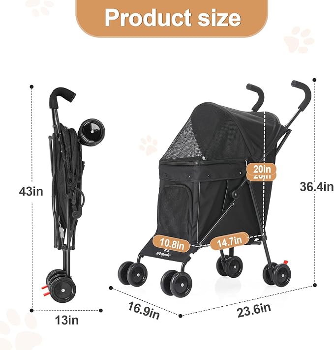 Wedyvko Travel Portable Dog Stroller, Pet Stroller for Small Puppy Dogs &amp; Cats, Up to 33 lbs, Black