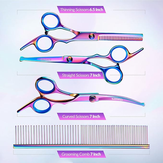 Gimars Dog Grooming Scissors Kit Professional 4CR with Safety Round Tip, 5 in 1 Heavy Duty Titanium Coated Thinning &amp; Curved &amp; Straight Shears